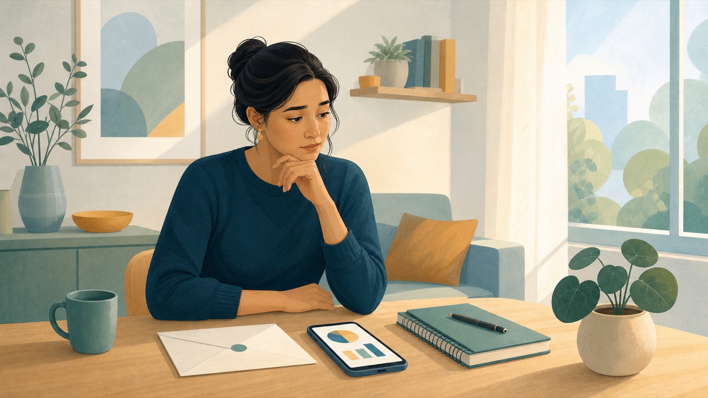 A person pauses at a table before reviewing a bill, a financial overview on their phone, and a notebook.