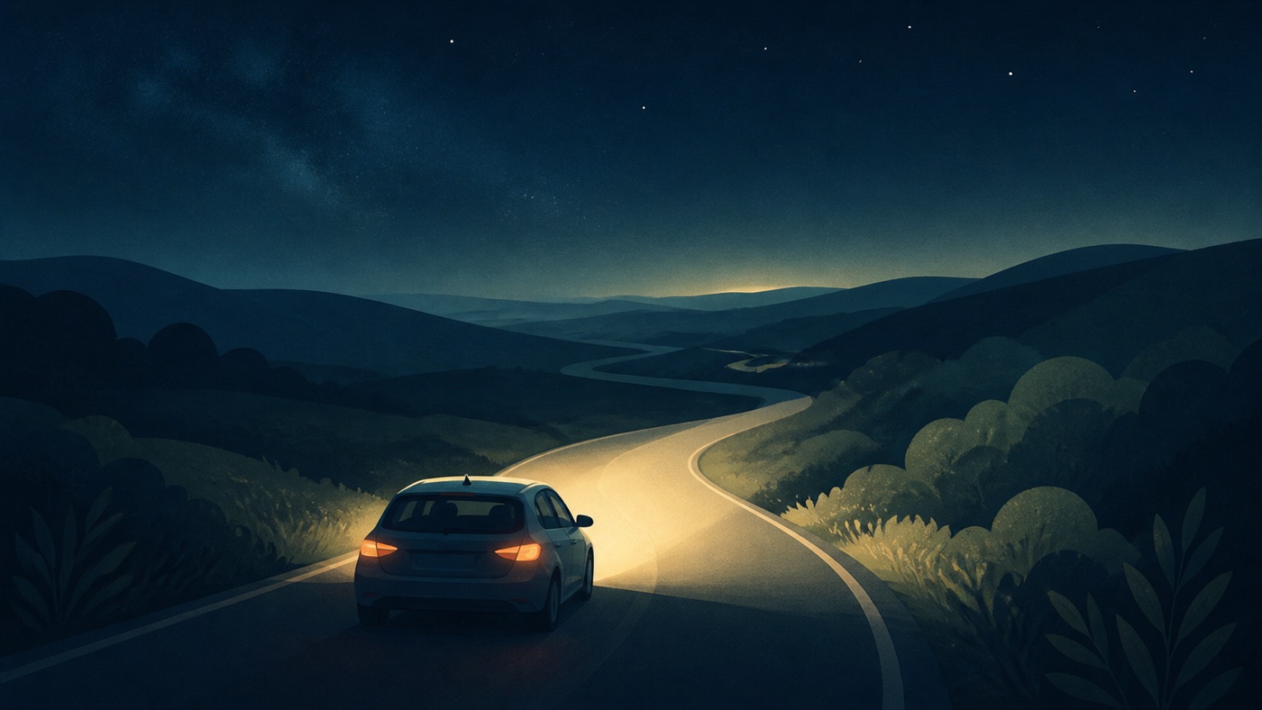 A car's headlights reveal the next stretch of a winding road at night.